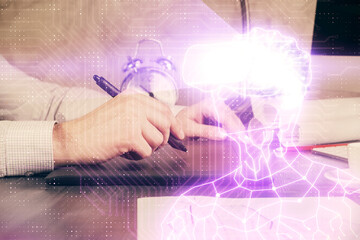 Fototapeta premium Double exposure of man's hands holding and using a digital device and AR glasses drawing. Virtual reality concept.