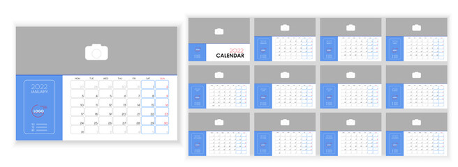 Desktop Monthly Photo Calendar 2022. Simple monthly horizontal photo calendar Design 2022 year in English. Cover Calendar and 12 months templates. Monday week start. Vector illustration