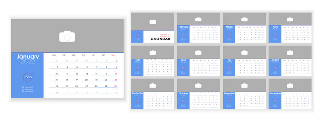 Desktop Monthly Photo Calendar 2022. Simple monthly horizontal photo calendar Design 2022 year in English. Cover Calendar and 12 months templates. Monday week start. Vector illustration