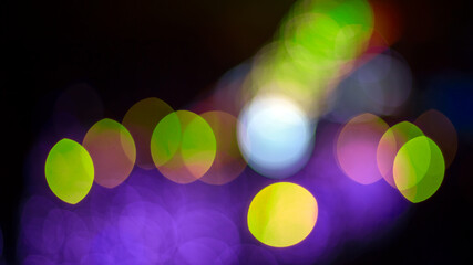 Colored blurred bokeh. abstract background of included festive garlands. colorful blur light bulbs