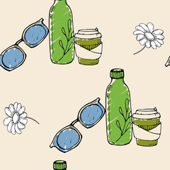 vector illustration seamless pattern blue glasses water bottle and a cup of coffee,white flowers, retro background,for wallpaper or fabric