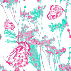 Wildgrass and butterflies watercolor on white background seamless pattern for all prints.
