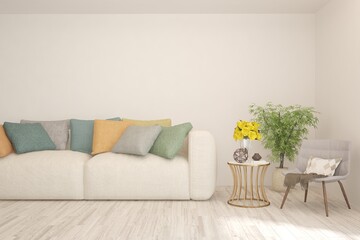 Stylish room in white color with sofa. Scandinavian interior design. 3D illustration