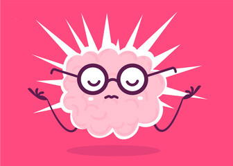 Vector Creative Illustration of Thoughtful Pink Human Brain Character in Glasses with Light on Color Background. Flat Doodle Style Knowledge Concept Design of Meditation Brain