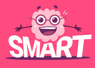 Vector Creative Illustration of Happy Pink Human Brain Character and Word Smart on Color Background. Flat Doodle Style Knowledge Concept Design of Brain