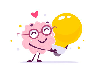Vector Creative Illustration of Happy Pink Human Brain Character in Glasses Hugs Yellow Light Bulb on White Background. Flat Style Knowledge Concept Design of Happy Brain and Save Energy Idea