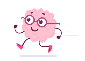 Vector Creative Sport Illustration of Happy Run Brain in Glasses on White Color Background. Flat Doodle Style Knowledge Concept Design of Happy Smile Human Brain Character