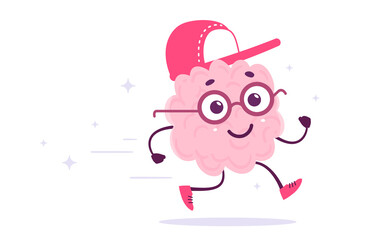 Vector Creative Illustration of Happy Run Brain in Sport Cap and Glasses on White Color Background. Flat Doodle Style Knowledge Concept Design of Happy Smile Human Brain Character