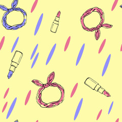 vector illustration seamless pattern tube of lipstick,women scarf,retro print,for wallpaper or fabric