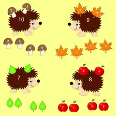 Fotobehang Game for a child early Montessori training. Learning the composition of a number. Hedgehog carries supplies. © Александра 