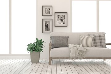Modern living room in white color with sofa. Scandinavian interior design. 3D illustration