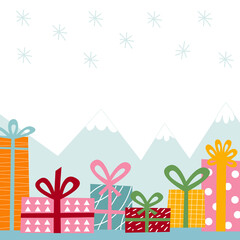 Vector Christmas background with gift boxes and snowflakes. Set of gift boxes for design, postcards, and layout drawn in funny cartoon style