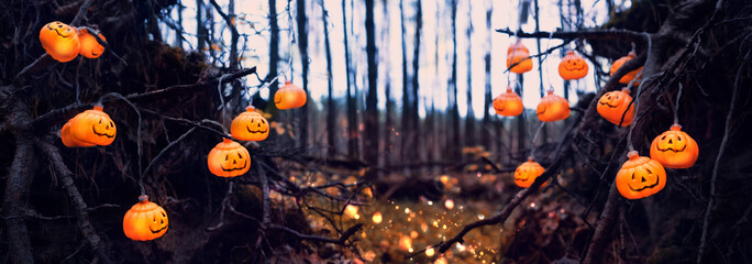 Halloween Background. Beautiful dark forest backdrop with pumpkin jack-o' lanterns garlands. Halloween magic holiday art design. banner