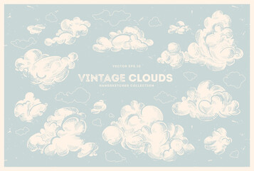 Vector collection of hand drawn clouds. Vintage sky, retro style illustration, cloudscape ink drawing. Nature background. 