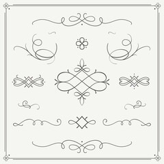 Vector collection of vintage calligraphic vignettes and flourishes. Retro style swirls and ornaments, decorations for for greeting cards, certificates, invitations, borders, frames and dividers.