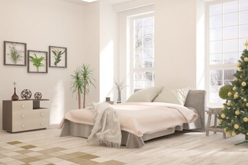 White bedroom interior. Scandinavian design. 3D illustration