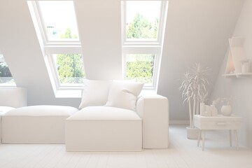 Mock up of stylish room in white color with sofa and green landscape in window. Scandinavian interior design. 3D illustration