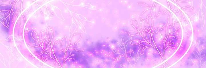 Glowing white frame on an artistic pink galactic background with star dust and color effects. With handdrawn grass. Effective background with realistic nebula. Magical color galaxy.