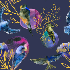 Hand-drawn artistic seamless pattern with birds - 463420433