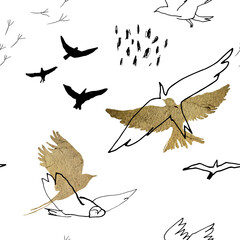 Hand-drawn artistic seamless pattern with birds - 463420829