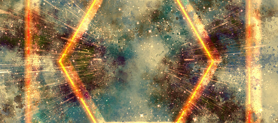 Luminous yellow frame on an artistic blue background of a galaxy. Effective background with realistic nebula and lots of shining stars. Magical color galaxy.