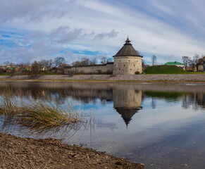 Naklejka na ściany i meble The ancient Kremlin of the city of Pskov on the Velikaya River.