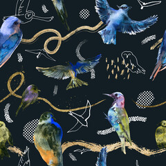 Hand-drawn artistic seamless pattern with birds - 463421409