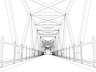 Truss bridge model perspective view. Outline render