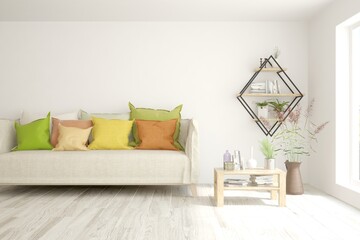 White living room with sofa. Scandinavian interior design. 3D illustration