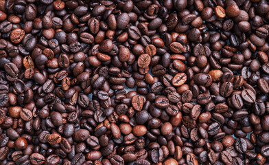 Brown and black coffee beans. Roasted arabic espresso coffee grains.