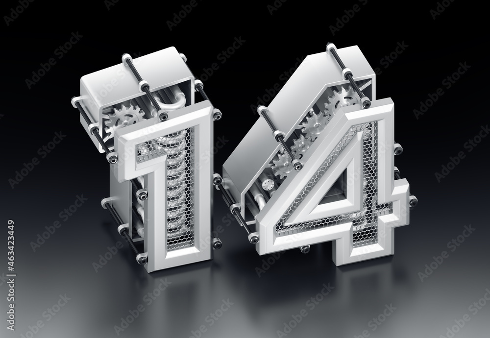 Poster the number fourteen. designed in a modern steampunk style 3d digits, which are composed to a number 