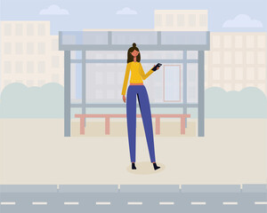 stylish girl with mobile phone and headphones stopping in the city