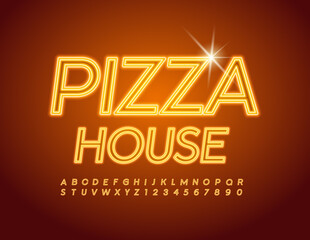Vector Neon Banner Pizza House. Glowing Bright Font. Illuminated set of Alphabet Letters and Numbers. 