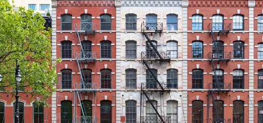 Block of historic buildings along Duane Street in the Tribeca neighborhood of New York City