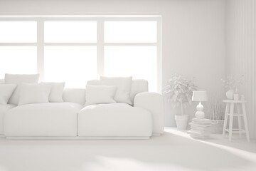 Mock up of minimalist living room in white color with sofa. Scandinavian interior design. 3D illustration