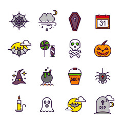 Fun cartoon style colorful Halloween line art icons. Coffin, spider web, grave, ghost, magic potion and trick or treat. Pixel perfect, editable stroke
