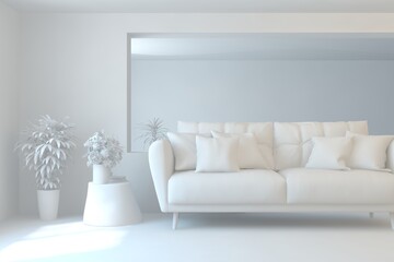 White minimalist living room with sofa. Scandinavian interior design. 3D illustration