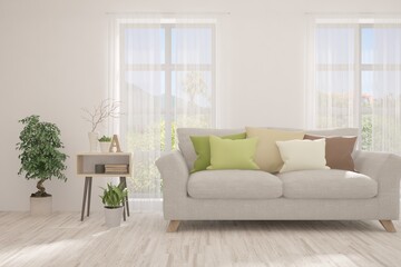 White living room with sofa. Scandinavian interior design. 3D illustration