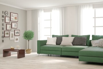 White living room with sofa. Scandinavian interior design. 3D illustration