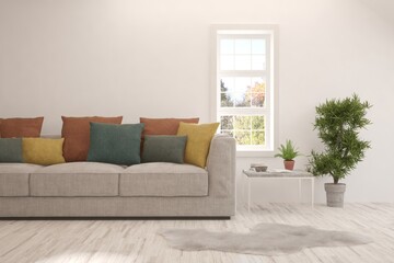 White living room with sofa. Scandinavian interior design. 3D illustration