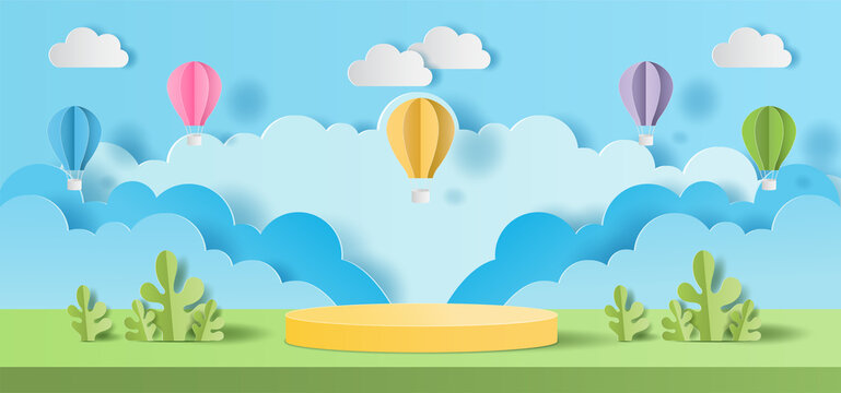 3D paper cut of Summer season on green nature landscape, hot air balloons and clouds on blue sky background with circular stage podium. Vector illustration
