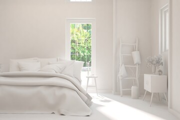 Modern bedroom in white color. Scandinavian interior design. 3D illustration