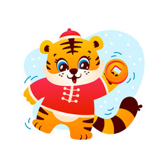 Cute tiger in chinese costume with coin character symbol Happy New Year funny illustration isolated on white background. Vector