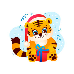 Cute tiger Santa opens gift character symbol Happy New Year funny illustration isolated on white background. Vector