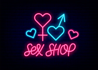 Sex shop neon brush lettering with shiny man and woman symbols. Intimate store emblem. Isolated vector illustration