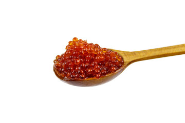 Red caviar in wooden spoon isolated on white background
