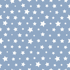 Fototapeta na wymiar Tiny white irregular Stars on blue background. Minimalist Star geometric shape vector Seamless Pattern. Simple fashion texture for Holiday, nursery print, fabric, textile, wrapping, gift paper, web