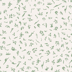 Abstract leaves seamless repeat pattern. Random placed, vector elements minimal all over print on ecru white background.