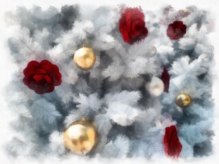 red white christmas tree watercolor style illustration impressionist painting.