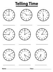 Telling time worksheet for pre school kids. game for child. write time on the clock.